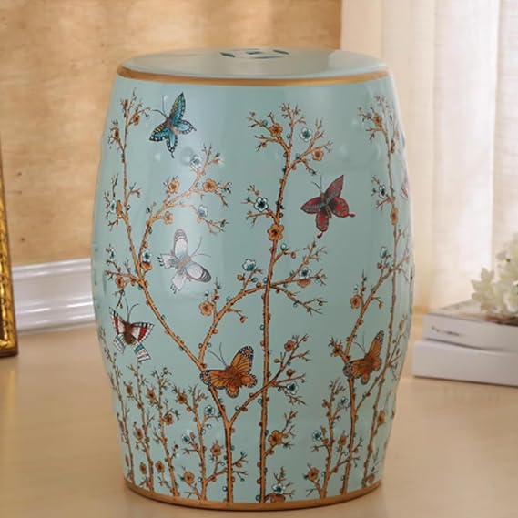 Ceramic Decorative Garden Stool, Drum Stool, Outdoor Glazed Accent Stools, Makeup Stools, Side Table, Garden Seating Footstool for Patio, Backyard(Blue)