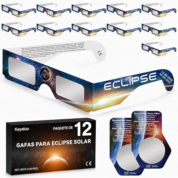 6/12/100 Gafas Eclipse Solar Homologadas,Certificado EN ISO 12312-2:2015(E) y CE,Aprobación AAS 2026,Gafas eclipse solar para visión directa del sol