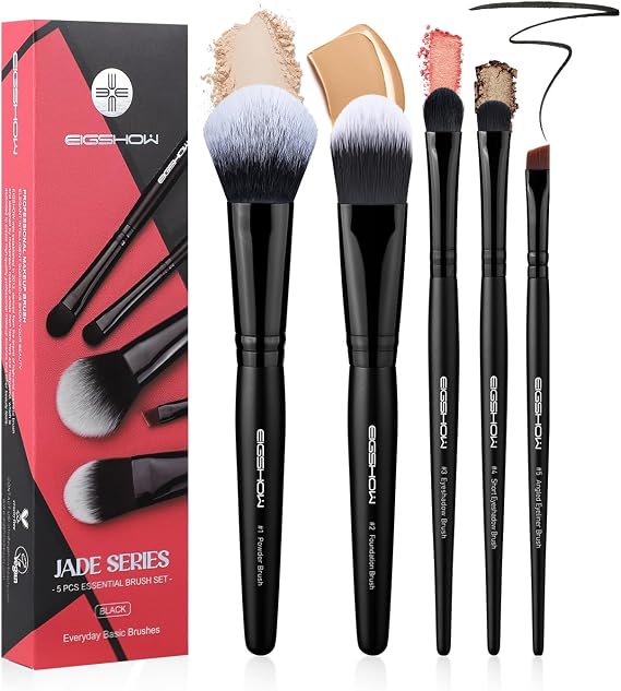 EIGSHOW 5 Pieces Makeup Brushes, Essential Basic, Powder, Foundation, Shadow, Eyeliner Brush for Daily Makeup (Black)