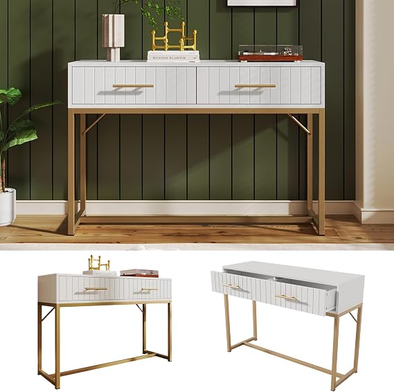 Dressing Table with 2 Drawers, Highboard Chest of Drawers for Bedroom, White, 75 cm High (H76.5/W100/D45 cm)