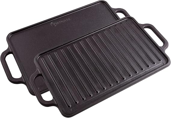 VICTORIA Enamelled Cast Iron Double Reversible Grill Griddle 33 x 21 cm for Fire, Barbecue, Oven, Ceramic Hob, Gas, Toxic Free without PTFE
