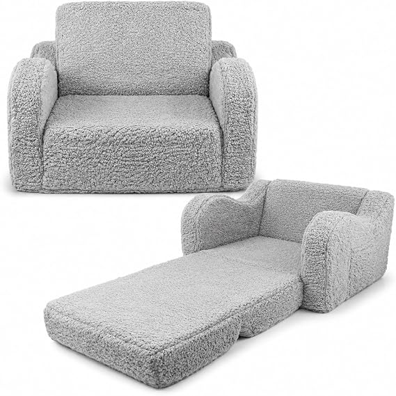 Kids Sofa Bed 2-in-1 Fold Out Toddler Couch with Soft Sherpa Cover Convertible Children Reading Chair (Grey)
