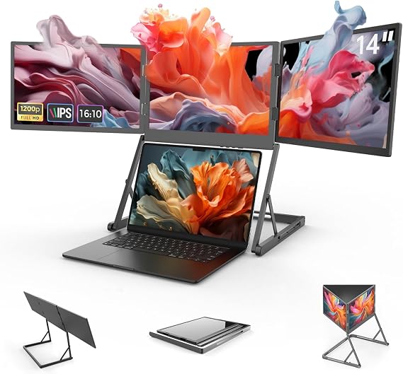 Triple Laptop Screen Extender 14 Inch 1200P FHD 3 Monitor Quad Portable Screen Extender for Laptops Compatible with Windows/Mac (M1 M2 M3 M4 M5 Linux Ubuntu Chrome OS)