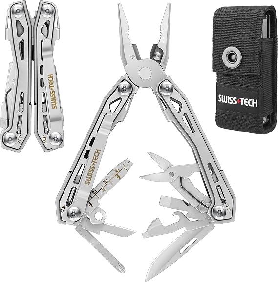 SWISS+TECH Multi-functional Pliers, Outdoor Multi-Tool, 16-in-1, Multi-pliers, Survival Tool, Equipped with Locking Function, Cutter, Bottle Opener, File, Can Opener, Screwdriver, For Disaster