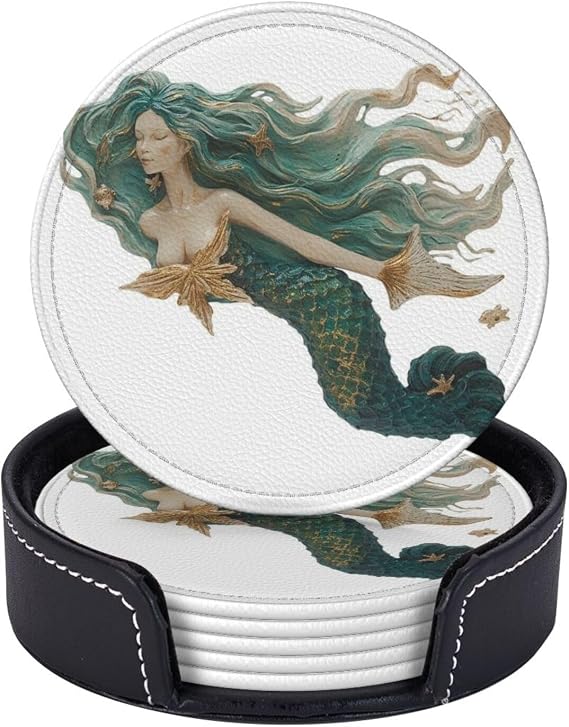 Coasters for Drinks 6 Pack Leather Coasters with Holder Drink Coasters for Coffee Table 3.9" Cup Mat Pad Set Art Mermaid Bar Coasters Tabletop Protection Mat for Kinds of Cups