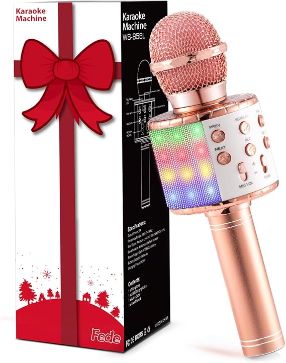 Fede Bluetooth Karaoke Microphone, Portable Wireless Karaoke Microphone with Multi-Coloured LED Light for Children Singing Party Music, Compatible with Android/iOS PC or Smartphone