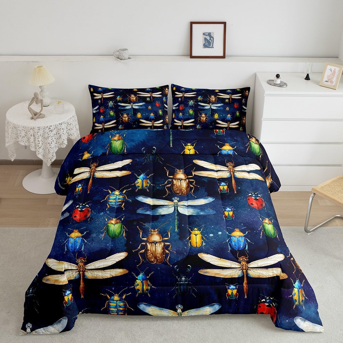 Homewish Dragonfly Comforter Set Full Size Colorful Ladybug Entomology Bedding Set 3pcs for Kids Boys Girls Room Decor Nature Animals Themed Quilted Duvet Navy Blue Duvet Insert with 2 Pillowcases