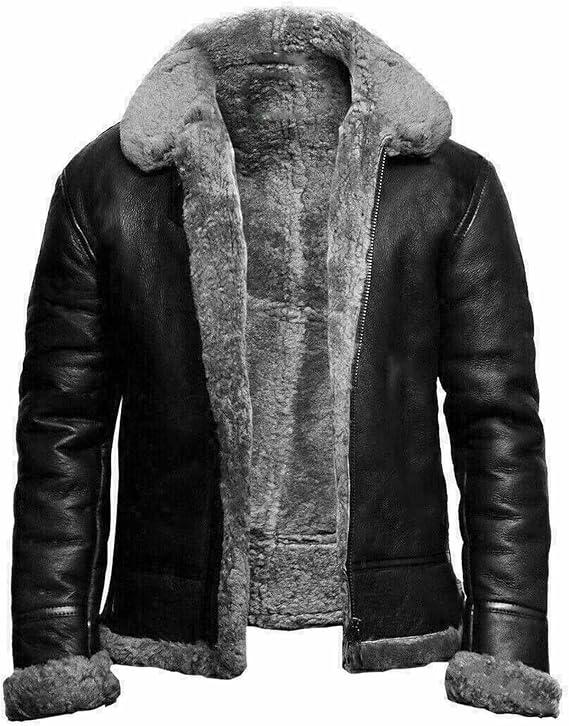 NLAVW Men's Flying Winter Jacket, Shearling Leather Bomber with Fur, Grey, M