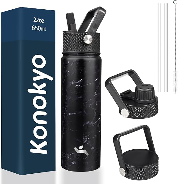 Konokyo 22oz Paslanmaz Çelik Su Şişeleri 3 Kapaklı Spor Yalıtımlı Su Şişesi, Mermer Gece Yarısı
