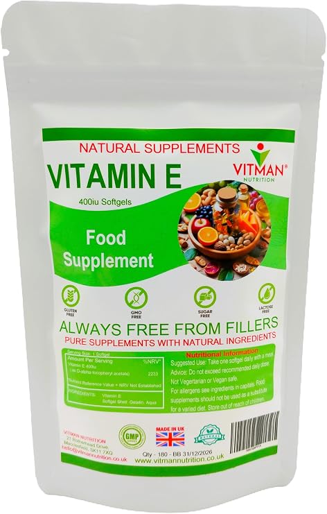 Vitamin E 400iu 180 Softgels - Natural Antioxidant Source, Anti Ageing Vitamin E Supplement, D-Alpha Tocopherol, High Potency and Absorption (180)
