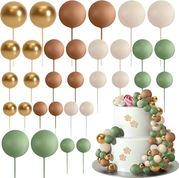 ASTARON 32 Pieces Cake Decorating Balls Mini Balloons Cake Decorating Sticks Foam Balls Cake Picks for Wedding Party Birthday (Green Brown Gold)