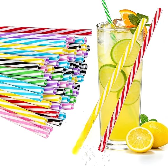 50Pcs Reusable Plastic Straws, Colorful Stripe Hard Plastic Straws, Dishwasher Safe for Family Bar Cafe Restaurant Party