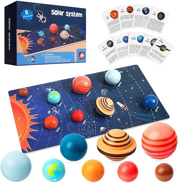 Solar System Toys Age 3+ for Kids 4-8, Wooden Planet Puzzle Board with 3D Models, Space Flash Cards, STEM Preschool Learning Kit, Birthday/Christmas Gift for Toddlers & Kindergarten