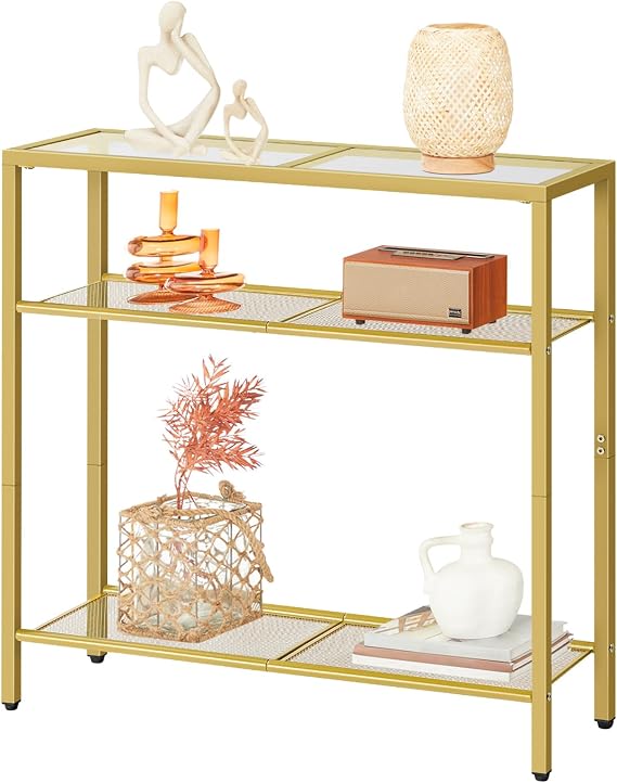 HOOBRO 3-Tier Gold Console Table, Tempered Glass Sofa Table, Narrow Side Table, Modern Hallway Table, for Living Room, Foyer, Hallway, Bedroom, Metal Frame, Sturdy, Gold EGD21XG01G1