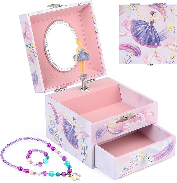 Musical Jewellery Box for Girls - Spinning Ballerina Pink Kids Jewellery Box with Drawer, Music Gifts for Children Aged 3-10