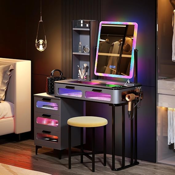 FREDEES Dressing Table with Mirror and RGB Lights, Grey