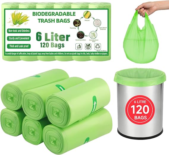 Biodegradable Food Waste Bags, 6L Small Compostable Caddy Bin Bags Liners, Clear Green Food Recycling Garbage Trash Bags for Kitchen, Home, Office Supplies, 120 PCS