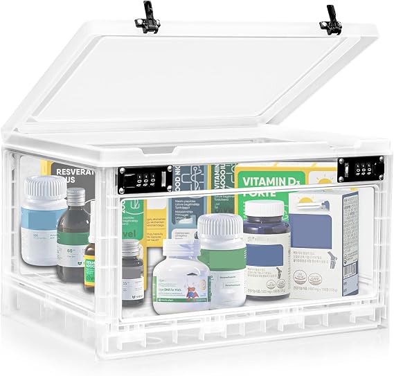Large Medicine Lock Box with Dual 3-Digit Combination Locks, 24.8L Lockable Storage Box for Medication, Snacks, Phone, and Electronics - BPA-Free Organizer Bin for Home, Office, Fridge, and Safety