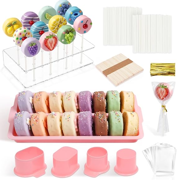 Cake Pop Mold Set, Reusable Circle Cake Pop Maker Kit with Double Tray Baking Sticks Cakes Pops Cutter Display Stand DIY Candy Baking Mould Kit for Birthday Party