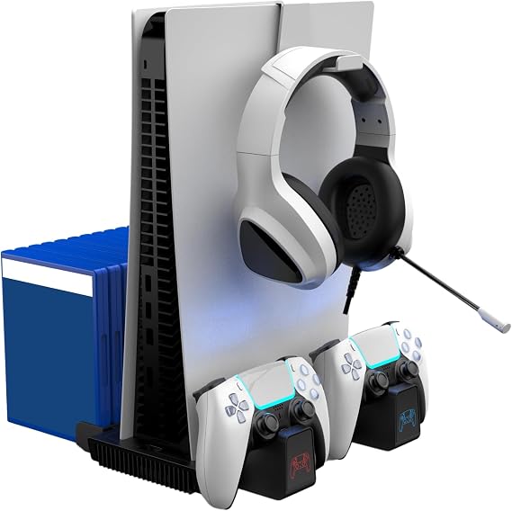 Surge Multi-Function Charging Stand for PlayStation 5, PS5 Slim, Digital and Disc Version with Cooling Fans, 2 Charge Docks for DualSense & DualSense Edge Controllers, Headset hook, Game storage