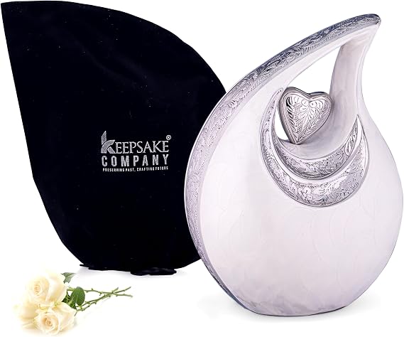Large White Teardrop Urn with Silver Heart for Human Ashes - Urns for Adult Men Male and Women - Heart Urn, 2.5 LTR,White With Silver Heart