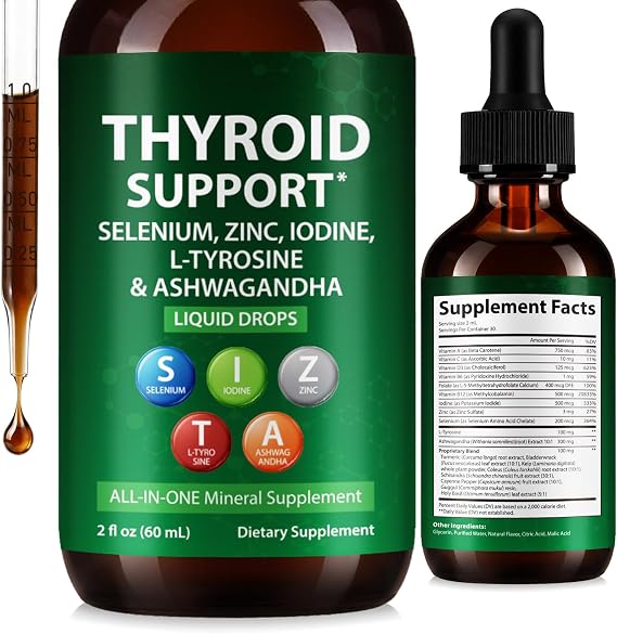 Thyroid Support Drops,Natural Thyroid Support Supplement for Men & Women,with Selenium,Zinc, L-Tyrosine & Ashwagandha