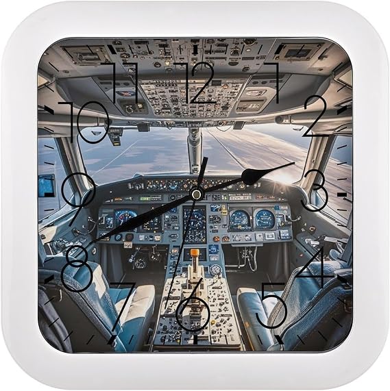 Airplane Cockpit Wall Clock Modern Frame Wall Clocks Silent Non-Ticking Clock Retro Square 10.2" Clocks Easy to Read Dial for Living Room Bedroom Home Decor