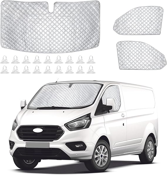 Internal Thermal Mat for 2012-2022 Ford Transit Custom, 3 Pieces Sun Protection Windshield SunShade, Insulated Front Seat Side Sunshade Front & Side Window Sunshades with 18 Suction Cups