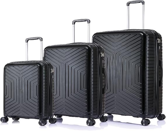 DK Luggage Set of 3 (L+M+C) Hard Shell PP Suitcase 4 Wheel Spinner Luggage PP20 Black