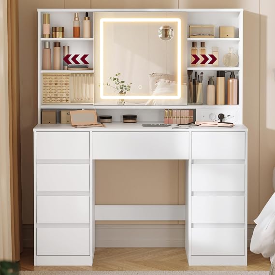 VASAGLE Dressing Table with LED Mirror, Tool-Free Assembly, 9 Drawers