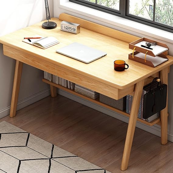 MidCentury Modern Computer Desk 47" Walnut Home Office Workstation with 2 Drawers & Shelves Stylish Oak Finish Perfect for Small Spaces Functional & Elegant