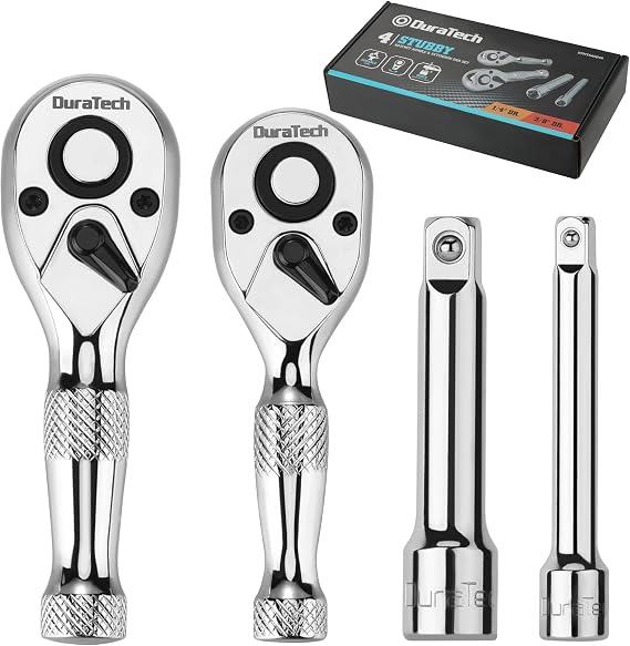 DURATECH Stubby Ratchet Set, 1/4" and 3/8" Ratchets with 2 Extension Bars, 4-Piece 72-T Reversible Quick Release Head, Chrome Plated Finish, Full Polish