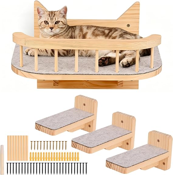 Cat Wall Hammock with 3 Steps, Shelves for Climbing Cats Climbing Shelves, Wooden Ladder for Cats Indoor Wall Shelf for Playing, Sleeping, Jumping and Resting