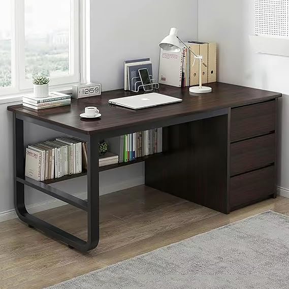 Corner Desk with Drawers, Home Office Desks with Bookshelf, Modern Office Writing Desk for Home Office Bedroom,Walnut,120cm
