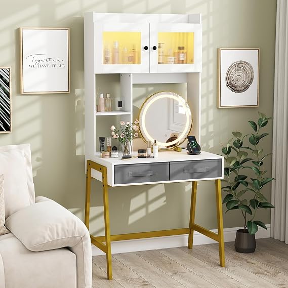 COSTWAY Dressing Table with 360° Rotation LED Vanity Mirror, Makeup Table Vanity Desk with Charging Station, 3-Color Adjustable Lights, Cabinet, Storage Shelves & 2 Drawers for Bedroom (White+Gold)