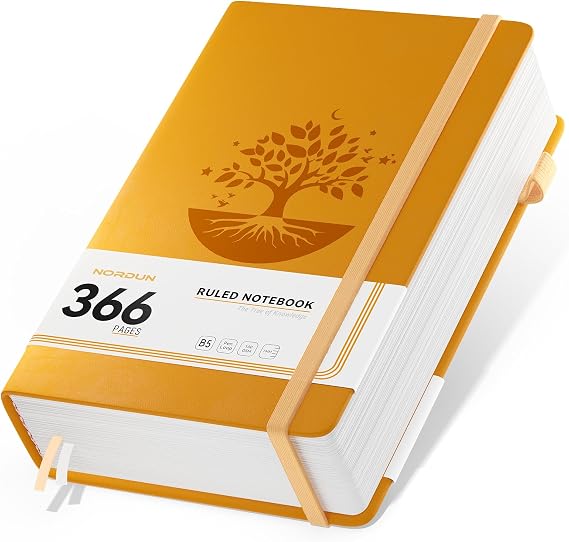 Notebook B5 Lined Journal,Hardcover Leather Journal with 366 Pages 100gsm Thick Paper,Index Tabs,College Ruled Notebook for Women Men Writing Work School Office,19 x 25cm - Yellow