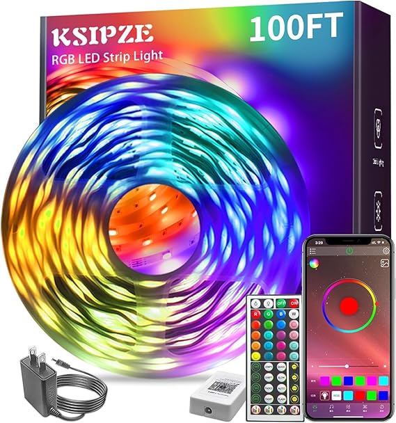 KSIPZE 100 ft Led Şerit Işıklar (2 Rulo 15 m) RGB Müzik Senkronizasyonu Renk Değiştirme, Akıllı Uygulama Kontrollü Bluetooth Led Işıklar, Yatak Odası Oda Aydınlatması için Led Işıklar Esnek Ev Dekoru