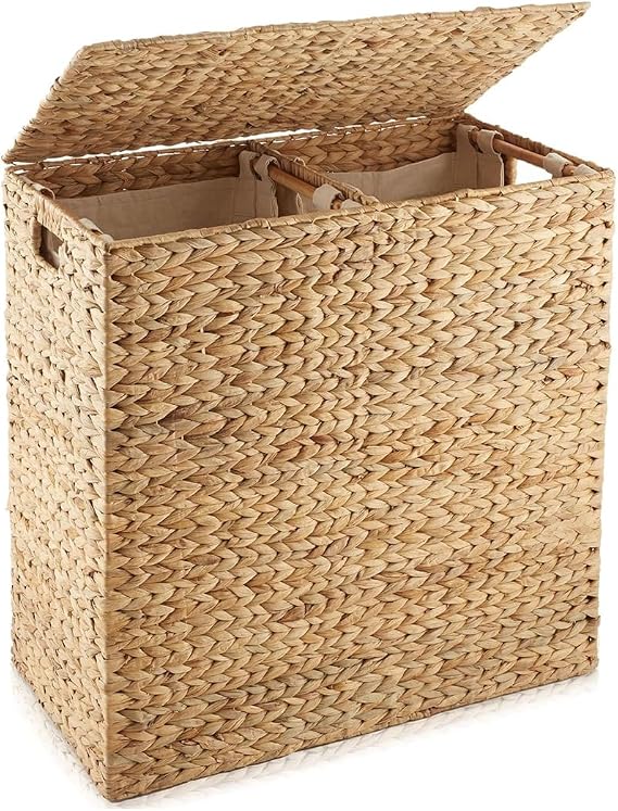 Gr8 Home Extra Large Rectangular Water Hyacinth Double Laundry Hamper Woven XL Washing Basket With 2 Compartment Liner Bags Clothes Storage Bin Organiser Box Truck Chest With Lid