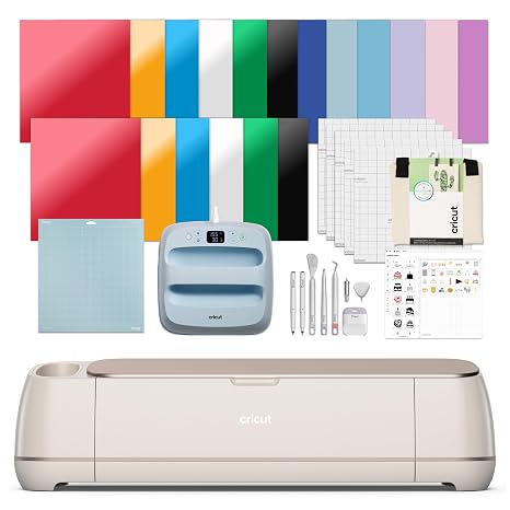 Cricut Maker 4 - Smart Cutting Machine (Seashell) | Engagement Plus Bundle - Includes EasyPress 3 Heat Press (9x9) + Mat, Tote Bag, Material Samplers, Machine Mat, Pens, Tools, 25 Digital Images