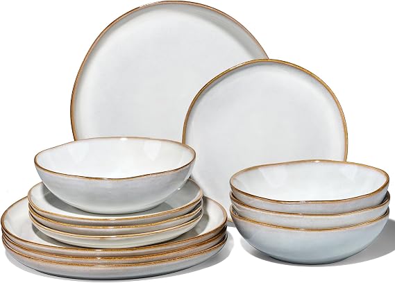 Joyfair 12 Pcs Stoneware Dinner Set Service for 4, Gilded Alabaster White