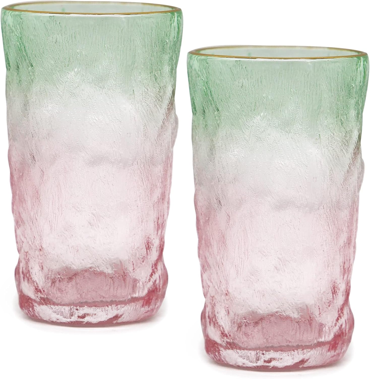 TOSSOW Drinking Glasses, Glacier Glasses Mug Glasses Set of 2 Water Glasses 350ML Glacier Pattern Glass Cups for Wine, Beer, Juice, Mojito and CocktailPink Green