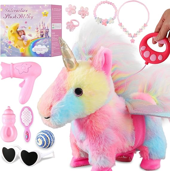 Colorful Unicorn Toys for Girls Toy Set Singing Walking Electronic Plush Unicorns with Control Leash, Pretend Dress Up Cute Wings Animated Stuffed Unicorn Gift for Girl Toddler Kids 3 4 5 6 Years