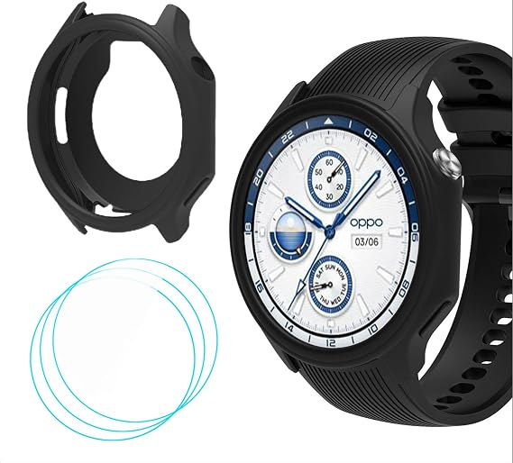 GIOPUEY Silicone Case for OnePlus Watch 2/OPPO Watch X, with 3 Pack Screen Protector, Soft TPU Silicone Case Cover, OnePlus Watch 2/Oppo Watch X Cases – Black