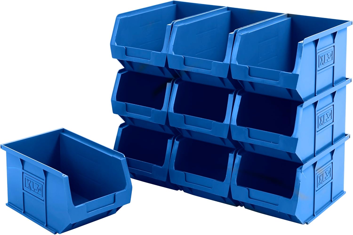 BiGDUG Plastic Parts Bins - Stackable or Wall Mounted Storage Boxes Garage Organiser - Pack of 10 - 125H x 150W x 240D mm - Blue