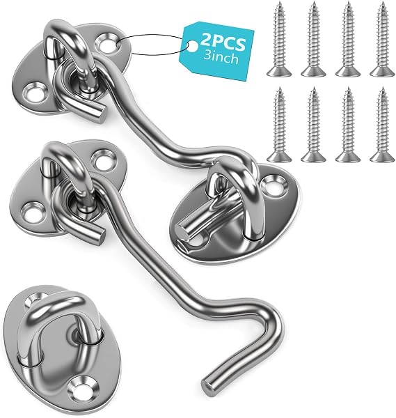 Hook and Eye Latch 2 Pack, 3 Inch Stainless Steel Door Hooks, with 8 Mounting Screws, Cabin Hook, Eye Latch Door Lock Hooks, for Outdoor Garden Gate Latchs Use, Window, Shed Gate, Closet