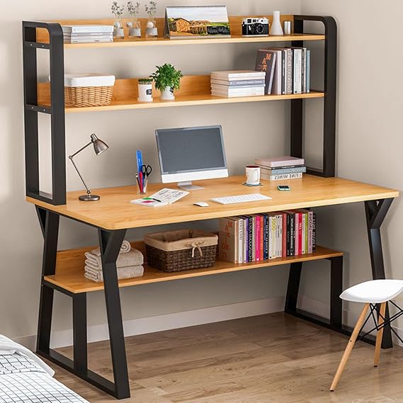 Computer Desk with Storage Shelves and Bookcase, Modern Writing Workstation with Sturdy Metal Frame for Home and Office Organization