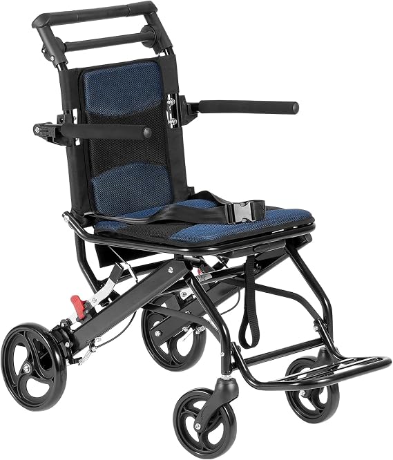VEVOR Ultralight Aluminum Alloy Folding Transport Wheelchair for Adults with Folding Arms to Desk Length, Self-Locking Brake, 875 x 480 x 892 mm, Black + Blue