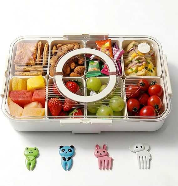 Snack Box with 8 Removable Compartments, Divided Serving Tray with Lid & Handle, Reusable Snack Containers for Snack, Sandwich, Spices, Sweets, Fruit, Nuts, Salad, Crisps & Dips