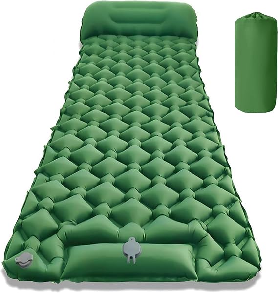 Camping Sleeping Pad, Ultralight Self Inflating Sleeping Mat with Pillow Built-in Foot Pump Waterproof Compact for Backpacking Hiking Traveling Tent (Green)