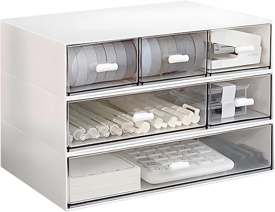 Desktop Organizer, Stackable Organizer Desktop Drawers, Plastic Storage Drawers, Desktop Storage Box Drawer for Collection Small Item/Cosmetic Office Organization-6 Drawers (White) Large Capacity